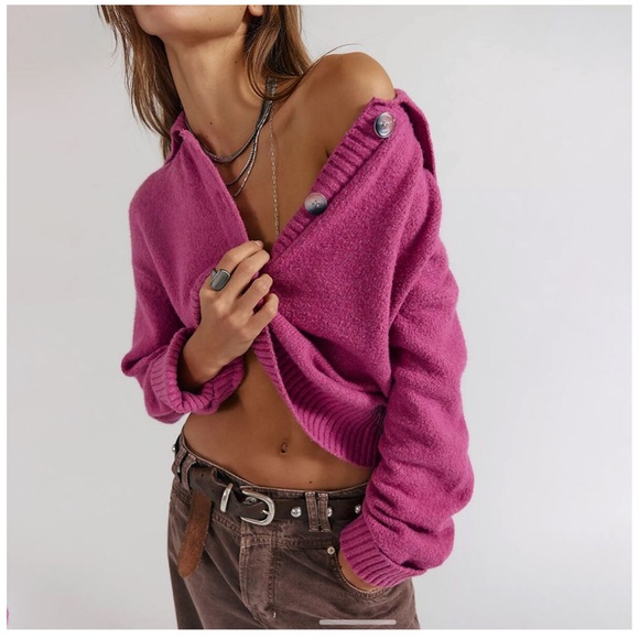 NWT Free People Trading Up Polo Sweater Magenta Haze Sz Small - Picture 4 of 16